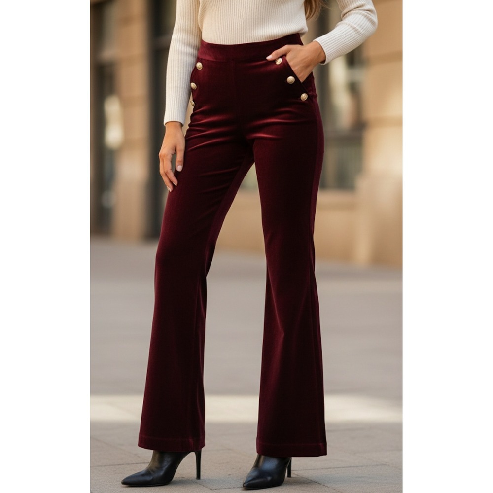 Maison dAmélie Velvet Flare‎ Pants Burgundy Gold Button Sailor Style US 2